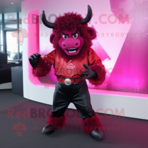 Magenta Minotaur mascot costume character dressed with a Blazer and Cummerbunds