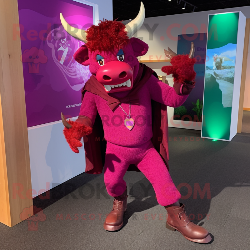 Magenta Minotaur mascot costume character dressed with a Blazer and Cummerbunds