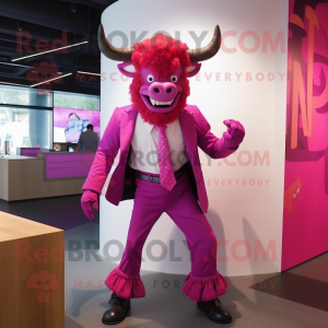 Magenta Minotaur mascot costume character dressed with a Blazer and Cummerbunds