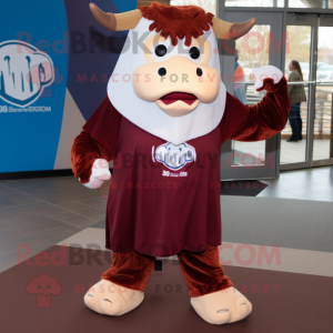 Maroon Hereford Cow mascot costume character dressed with a Turtleneck and Hair clips