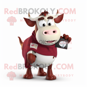 Maroon Hereford Cow mascot costume character dressed with a Turtleneck and Hair clips