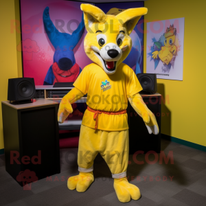 Yellow Dingo mascot costume character dressed with a Capri Pants and Headbands
