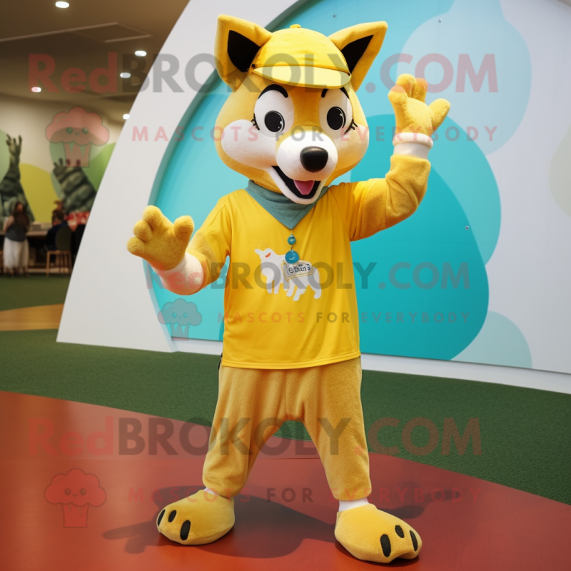 Yellow Dingo mascot costume character dressed with a Capri Pants and Headbands