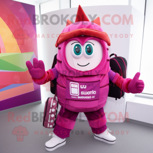 Magenta Enchiladas mascot costume character dressed with a Trousers and Backpacks