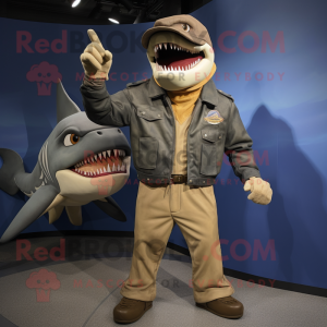 Tan Megalodon mascot costume character dressed with a Moto Jacket and Hat pins