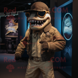 Tan Megalodon mascot costume character dressed with a Moto Jacket and Hat pins