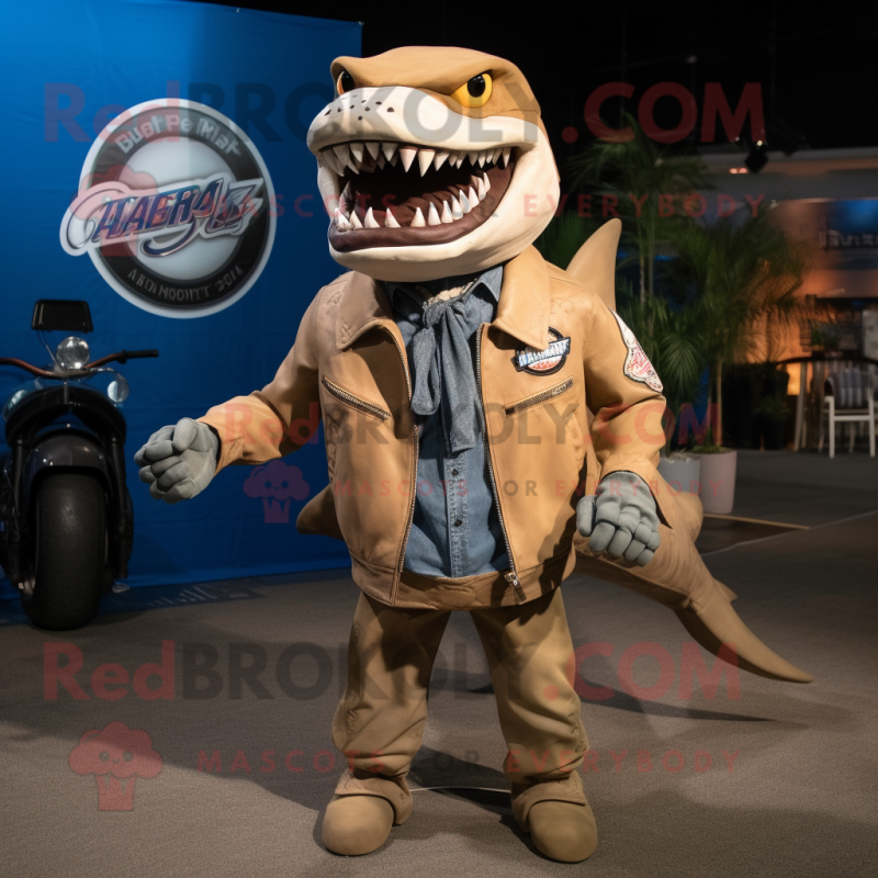 Tan Megalodon mascot costume character dressed with a Moto Jacket and Hat pins