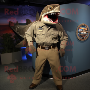 Tan Megalodon mascot costume character dressed with a Moto Jacket and Hat pins