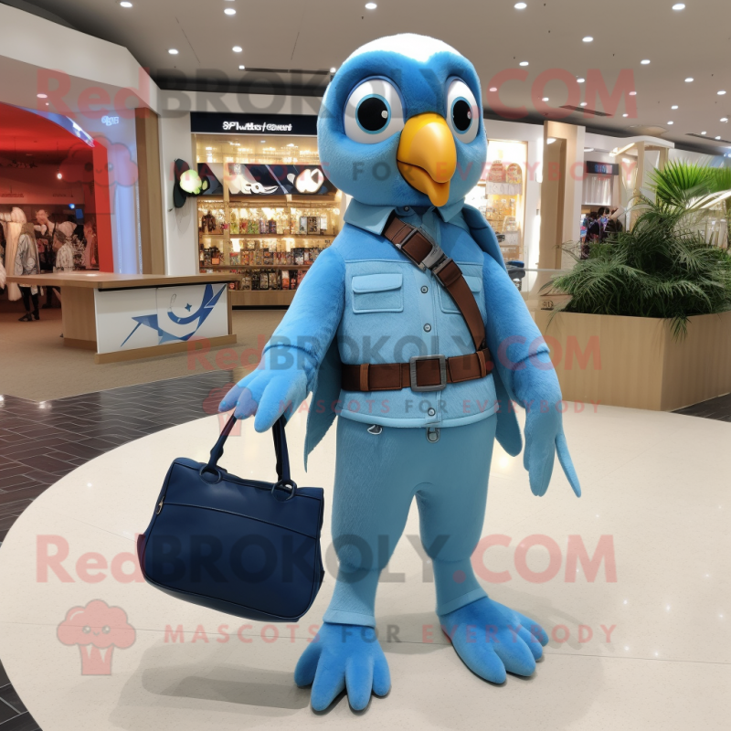 Sky Blue Falcon mascot costume character dressed with a Dungarees and Handbags