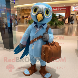 Sky Blue Falcon mascot costume character dressed with a Dungarees and Handbags