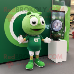 Forest Green Handball Ball mascot costume character dressed with a Oxford Shirt and Bracelet watches