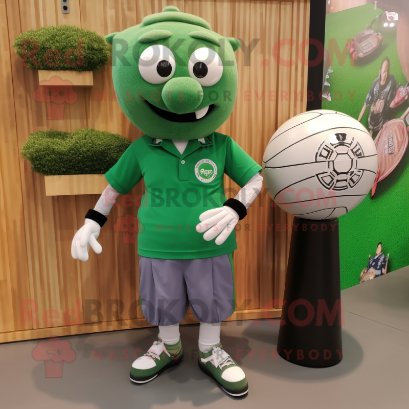 Forest Green Handball Ball mascot costume character dressed with a Oxford Shirt and Bracelet watches