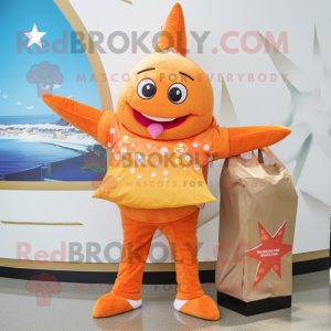 Orange Starfish mascot costume character dressed with a Skirt and Wallets