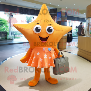Orange Starfish mascot costume character dressed with a Skirt and Wallets