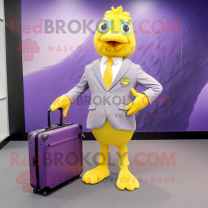 Lavender Canary mascot costume character dressed with a Suit Pants and Briefcases