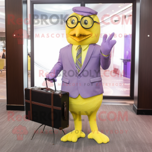 Lavender Canary mascot costume character dressed with a Suit Pants and Briefcases