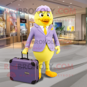 Lavender Canary mascot costume character dressed with a Suit Pants and Briefcases