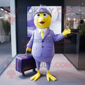 Lavender Canary mascot costume character dressed with a Suit Pants and Briefcases