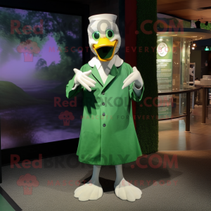 Green Goose mascot costume character dressed with a Dress Shirt and Rings