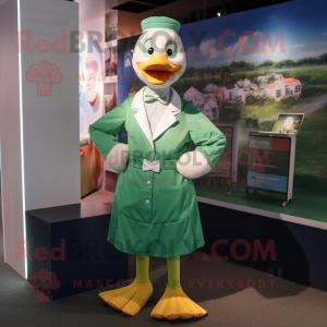 Green Goose mascot costume character dressed with a Dress Shirt and Rings