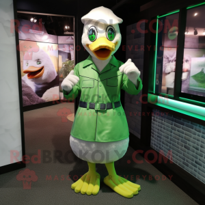 Green Goose mascot costume character dressed with a Dress Shirt and Rings