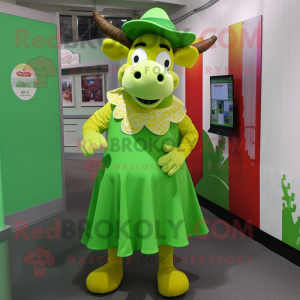 Lime Green Jersey Cow mascot costume character dressed with a Wrap Skirt and Hat pins