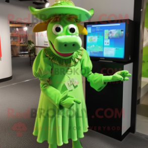 Lime Green Jersey Cow mascot costume character dressed with a Wrap Skirt and Hat pins