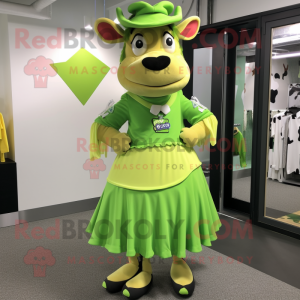 Lime Green Jersey Cow mascot costume character dressed with a Wrap Skirt and Hat pins