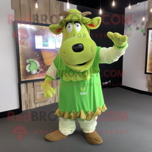 Lime Green Jersey Cow mascot costume character dressed with a Wrap Skirt and Hat pins