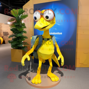 Lemon Yellow Dimorphodon mascot costume character dressed with a Cargo Pants and Eyeglasses