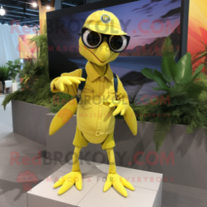 Lemon Yellow Dimorphodon mascot costume character dressed with a Cargo Pants and Eyeglasses