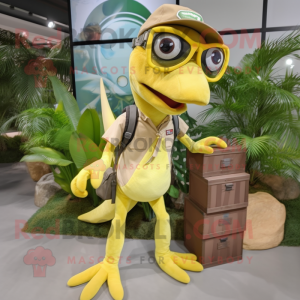 Lemon Yellow Dimorphodon mascot costume character dressed with a Cargo Pants and Eyeglasses