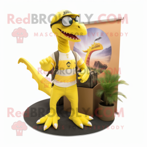 Lemon Yellow Dimorphodon mascot costume character dressed with a Cargo Pants and Eyeglasses