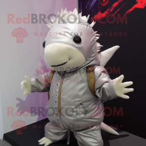 Silver Axolotls mascot costume character dressed with a Parka and Cummerbunds