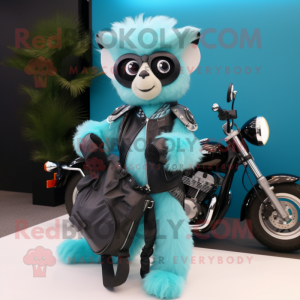 Cyan Lemur mascot costume character dressed with a Biker Jacket and Handbags