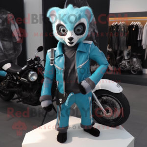 Cyan Lemur mascot costume character dressed with a Biker Jacket and Handbags