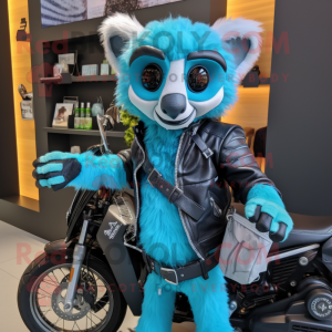 Cyan Lemur mascot costume character dressed with a Biker Jacket and Handbags