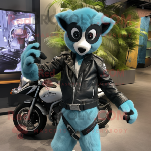 Cyan Lemur mascot costume character dressed with a Biker Jacket and Handbags