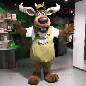 Olive Moose mascot costume character dressed with a Overalls and Clutch bags