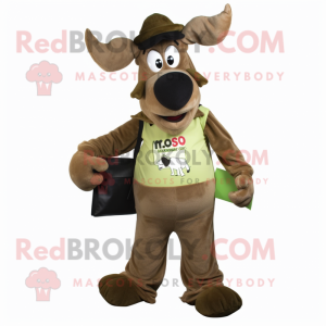 Olive Moose mascot costume character dressed with a Overalls and Clutch bags