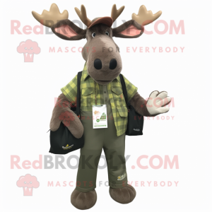 Olive Moose mascot costume character dressed with a Overalls and Clutch bags