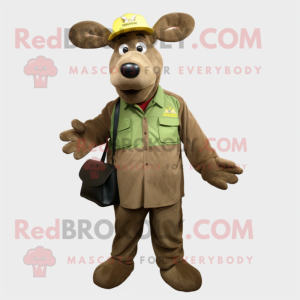 Olive Moose mascot costume character dressed with a Overalls and Clutch bags