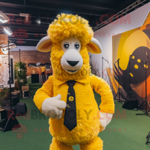 Yellow Merino Sheep mascot costume character dressed with a Blazer and Tie pins