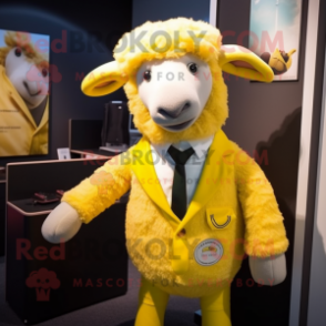 Yellow Merino Sheep mascot costume character dressed with a Blazer and Tie pins