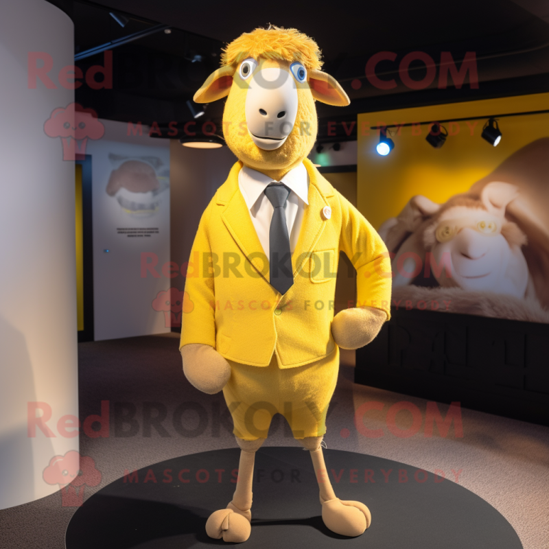 Yellow Merino Sheep mascot costume character dressed with a Blazer and Tie pins