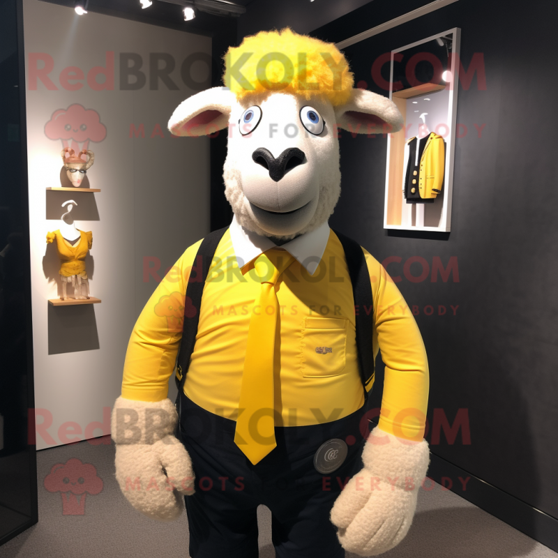 Yellow Merino Sheep mascot costume character dressed with a Blazer and Tie pins Yellow Merino Sheep mascot costume character dressed with a Blazer and Tie pins
