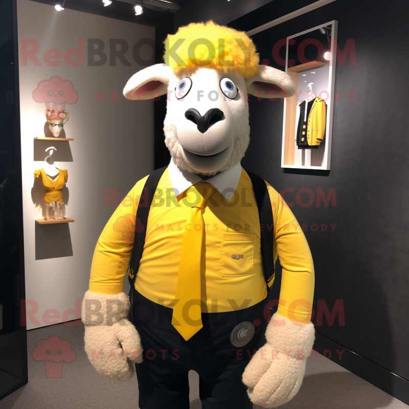 Yellow Merino Sheep mascot costume character dressed with a Blazer and Tie pins