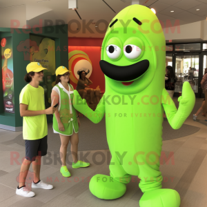 Lime Green Hot Dogs mascot costume character dressed with a Polo Shirt and Watches