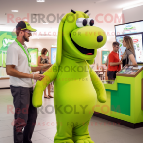 Lime Green Hot Dogs mascot costume character dressed with a Polo Shirt and Watches