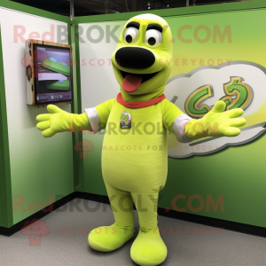 Lime Green Hot Dogs mascot costume character dressed with a Polo Shirt and Watches